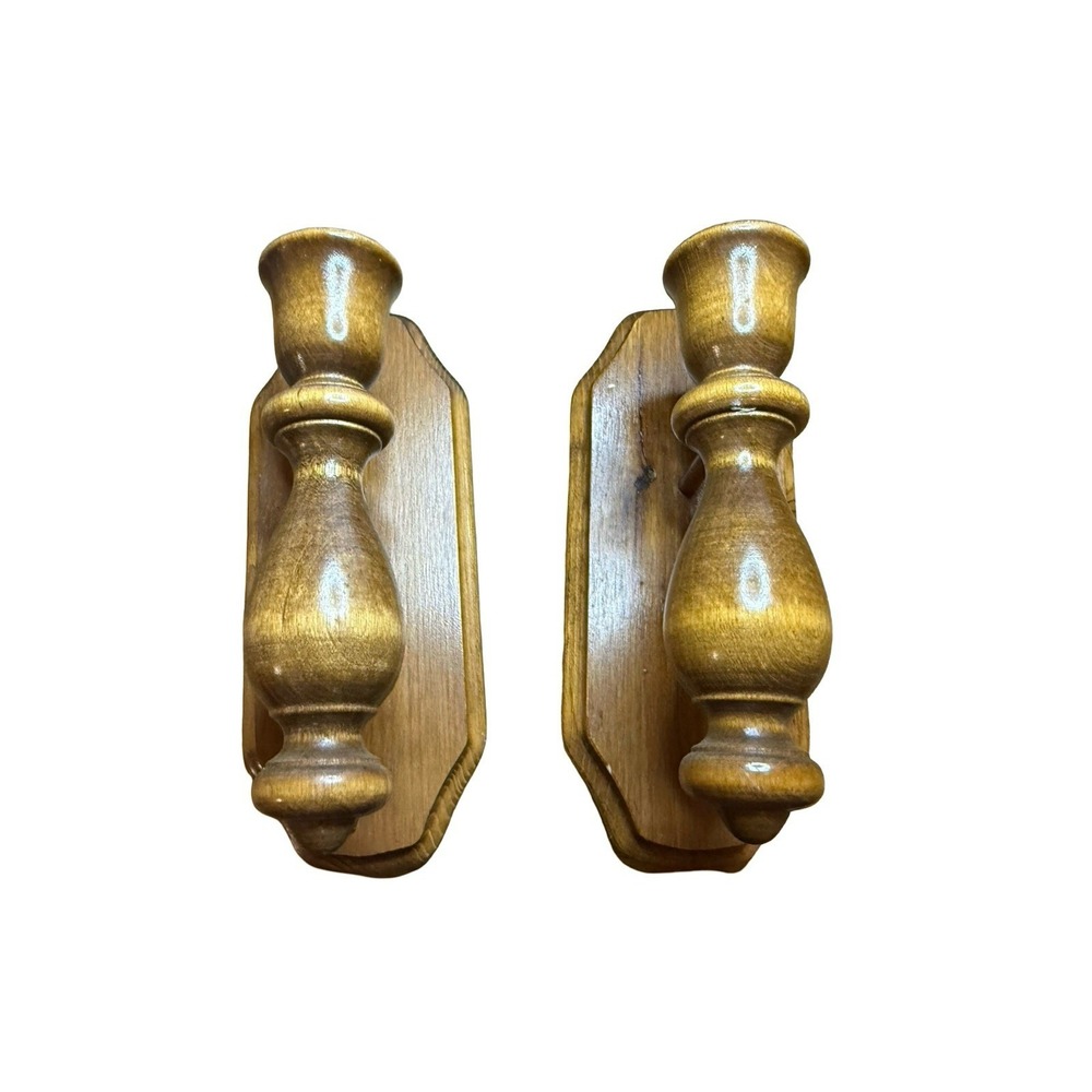 Two MCM Vintage 8" x 3.5" Handcrafted Oak Wall Sconces Candle Stick Holders